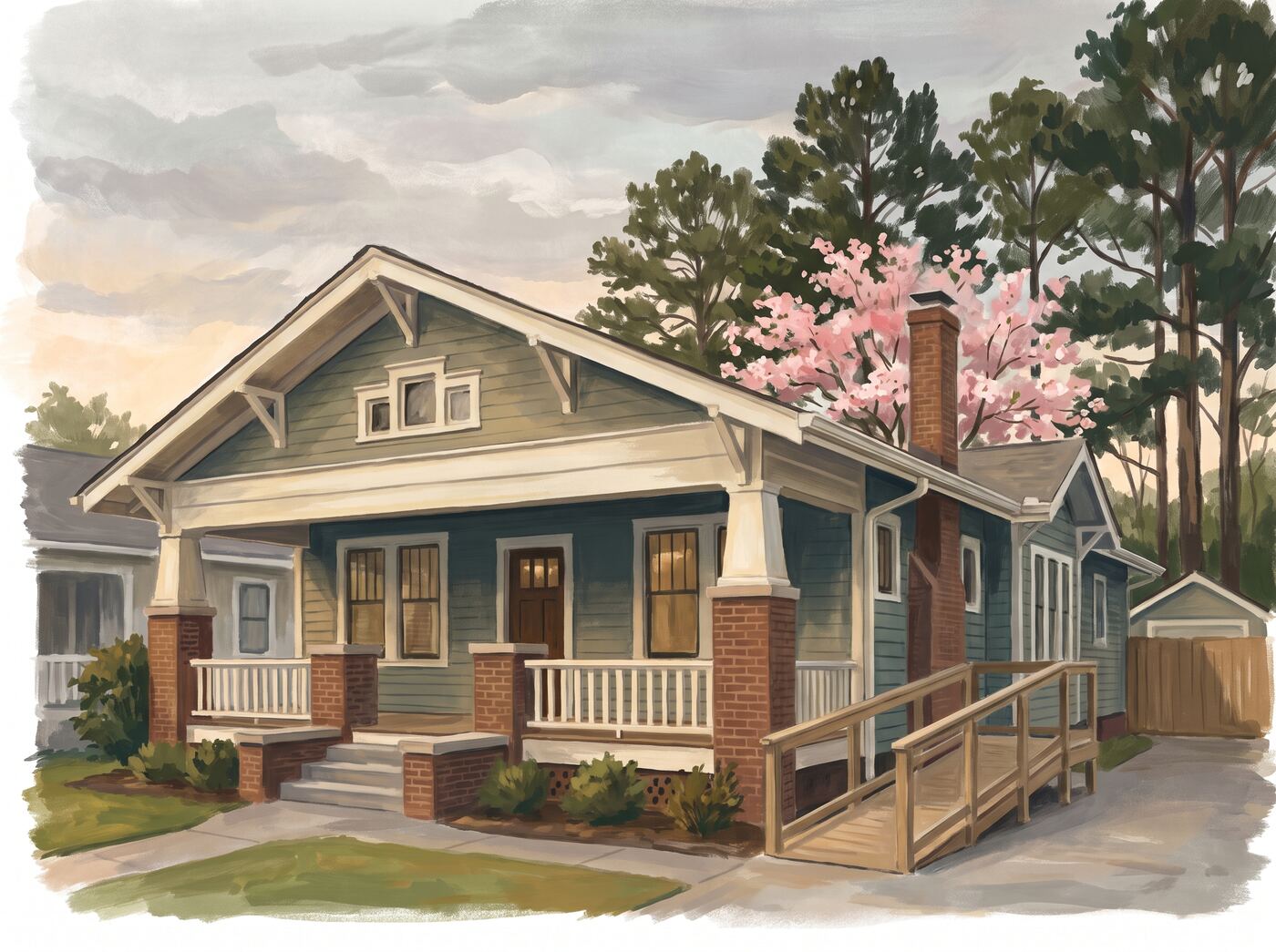 Illustration of an Atlanta craftsman bungalow with a deep porch, brick columns, a blooming dogwood, and a gently sloped ramp beside the steps