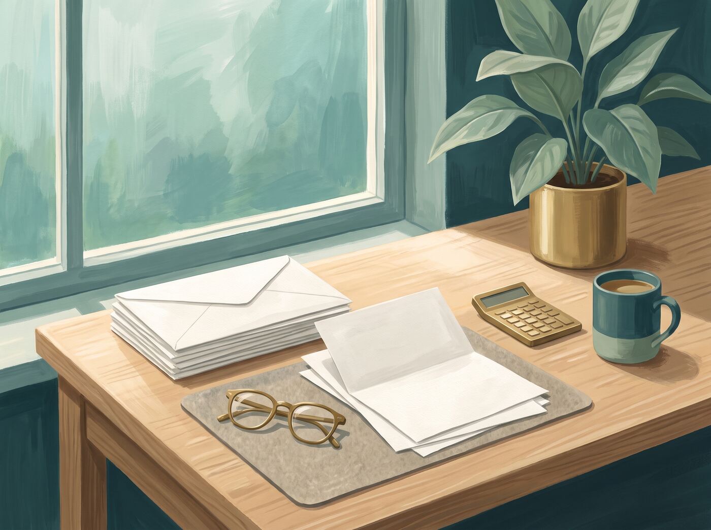 Illustration of a tidy desk with a stack of envelopes, reading glasses, a calculator, and a mug of tea