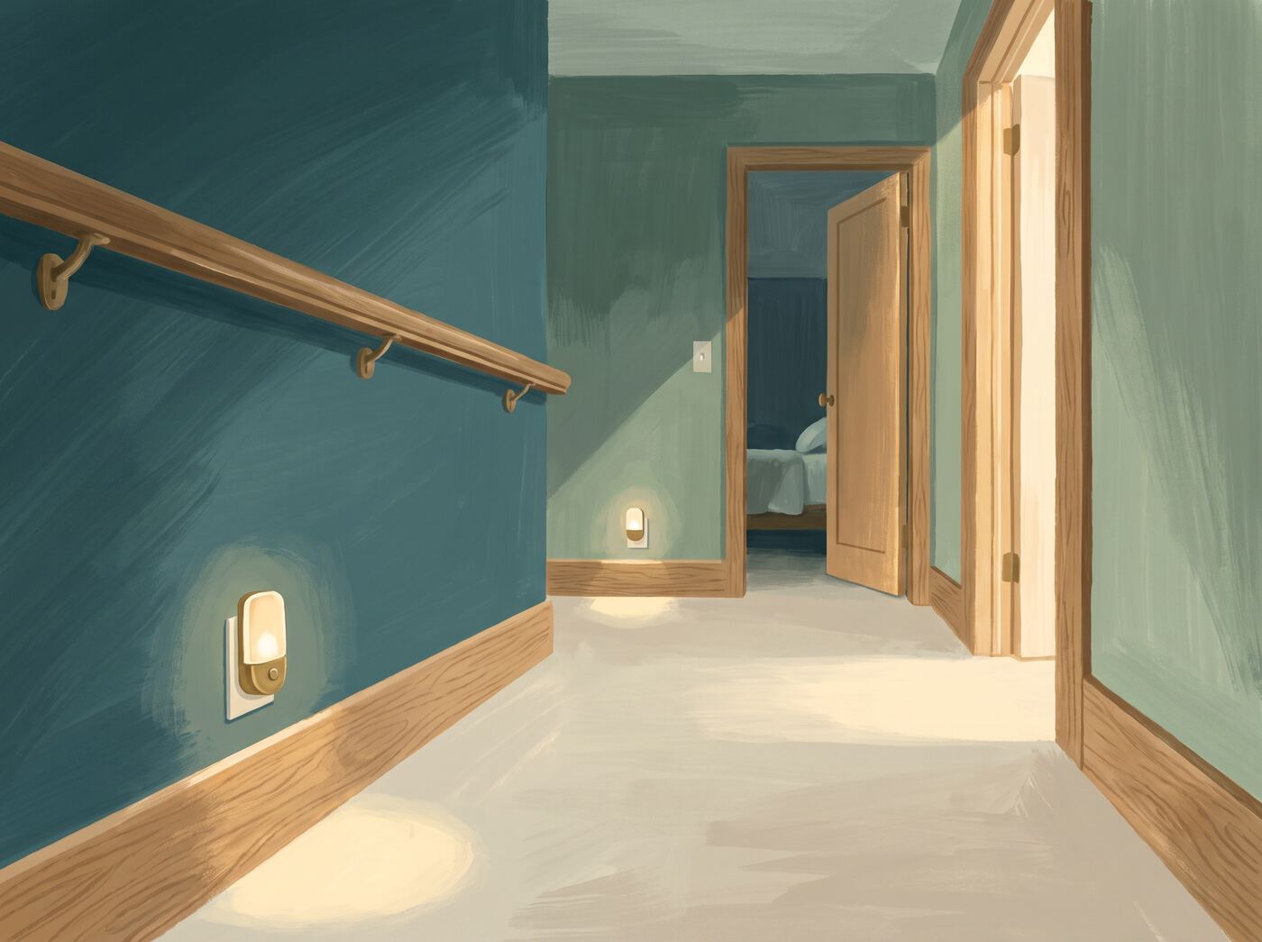 Illustration of a home hallway at night with soft night-lights along the baseboard, a wooden handrail, and a clear floor