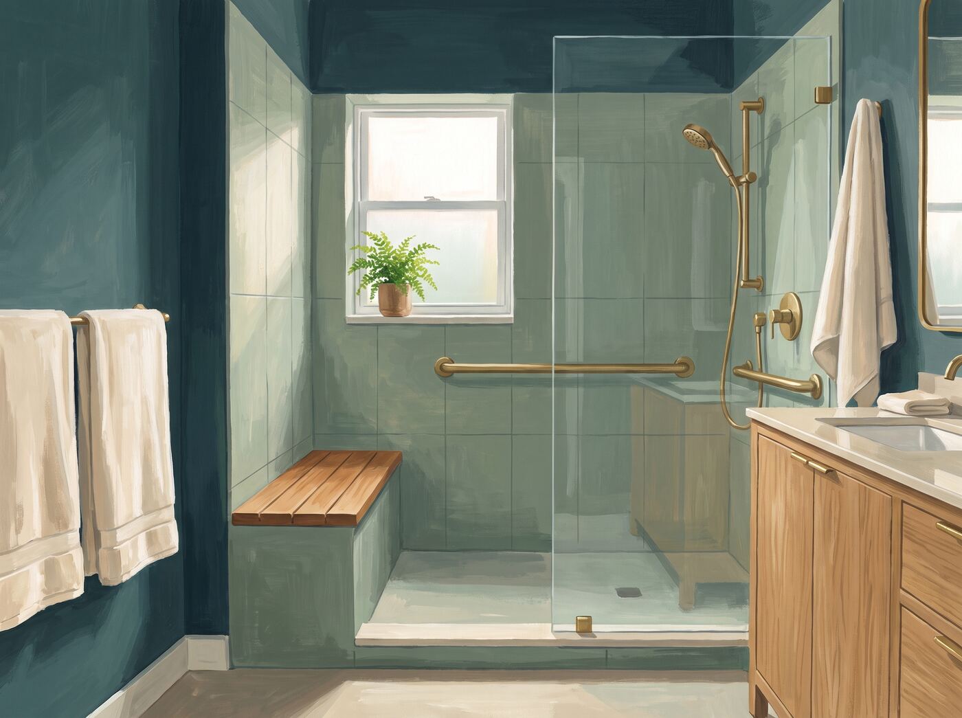Illustration of a bright bathroom with a curbless walk-in shower, a teak bench, and two brass grab bars on sage tile