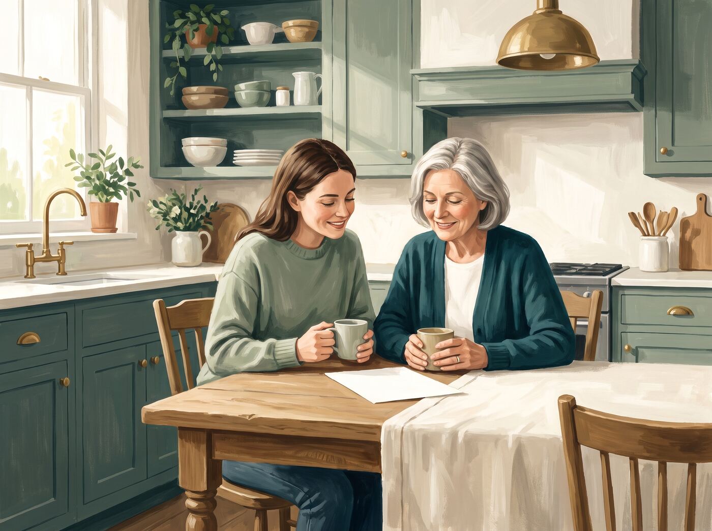 Illustration of an adult daughter and her mother at a kitchen table with coffee, reading a printed checklist together