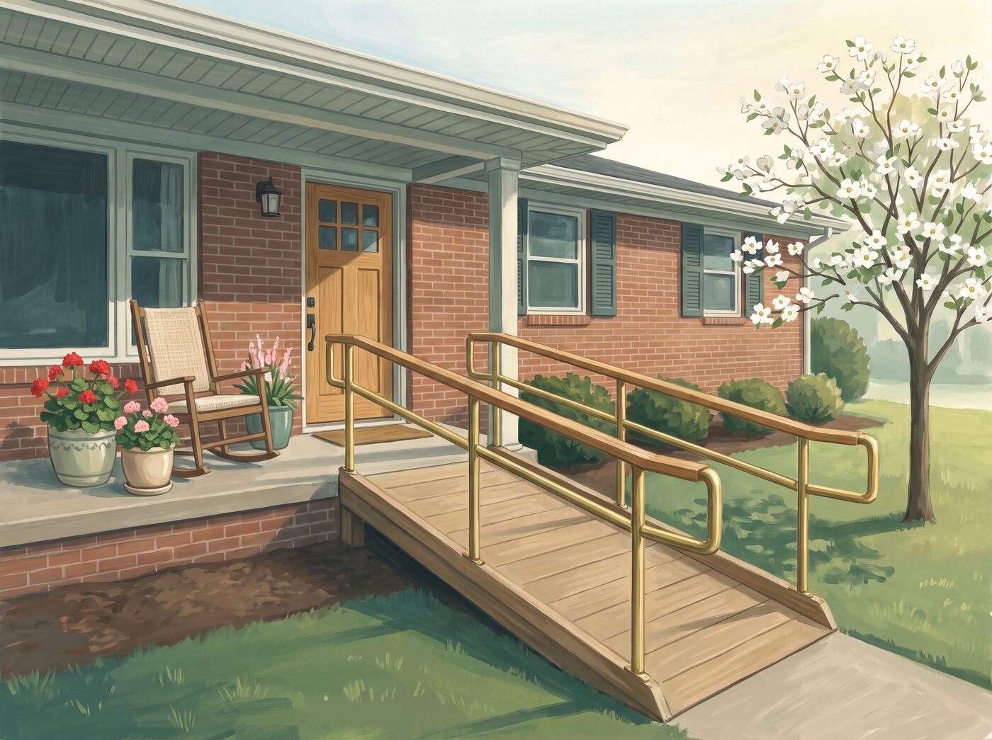 Illustration of a brick ranch home with a wooden ramp and handrails leading to the front porch