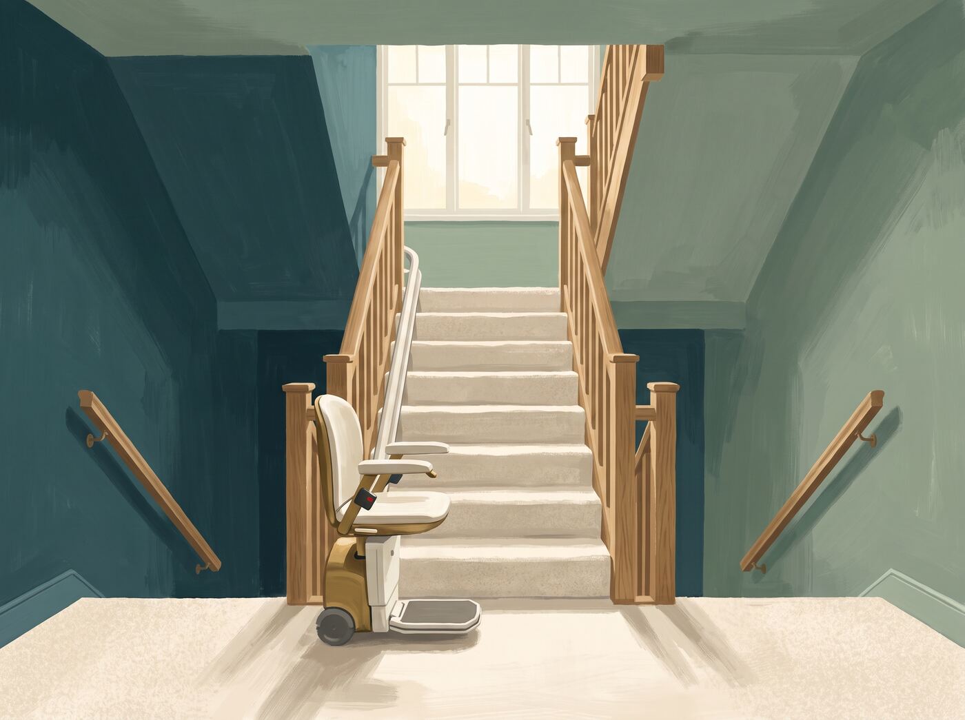 Illustration of a carpeted staircase with oak handrails on both sides and a stair lift parked at the bottom